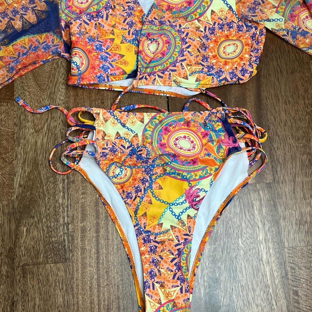 Vibrant Orange Paisley High-Cut Bikini Bottom